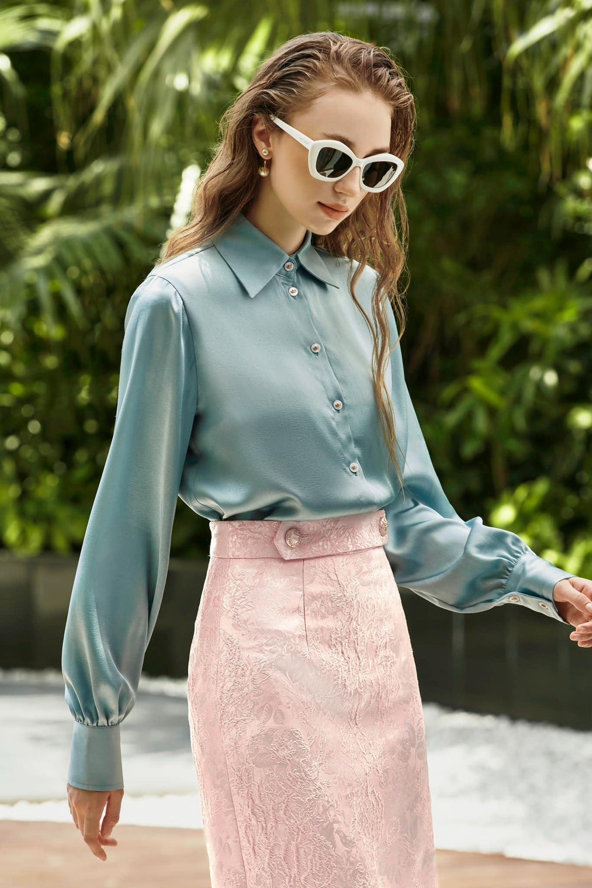 Classic Silk Blouse for Women – Long Sleeve Collared Shirt – Elegant Dressy Top for Office, Evening, or Special Occasion – Formal Silk Shirt