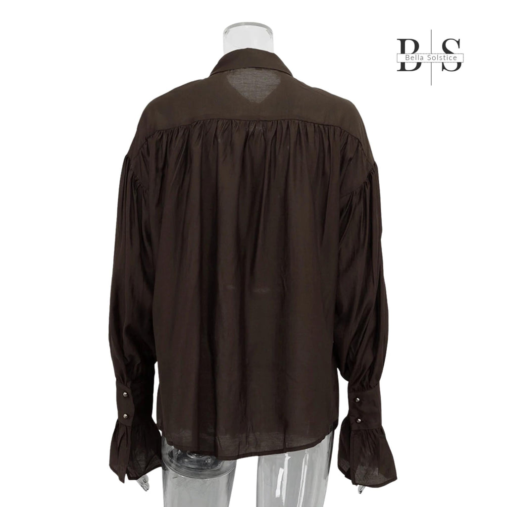 Women Long Lantern Sleeves Loose Collared Fashionable Solid Blouse For Office Wear