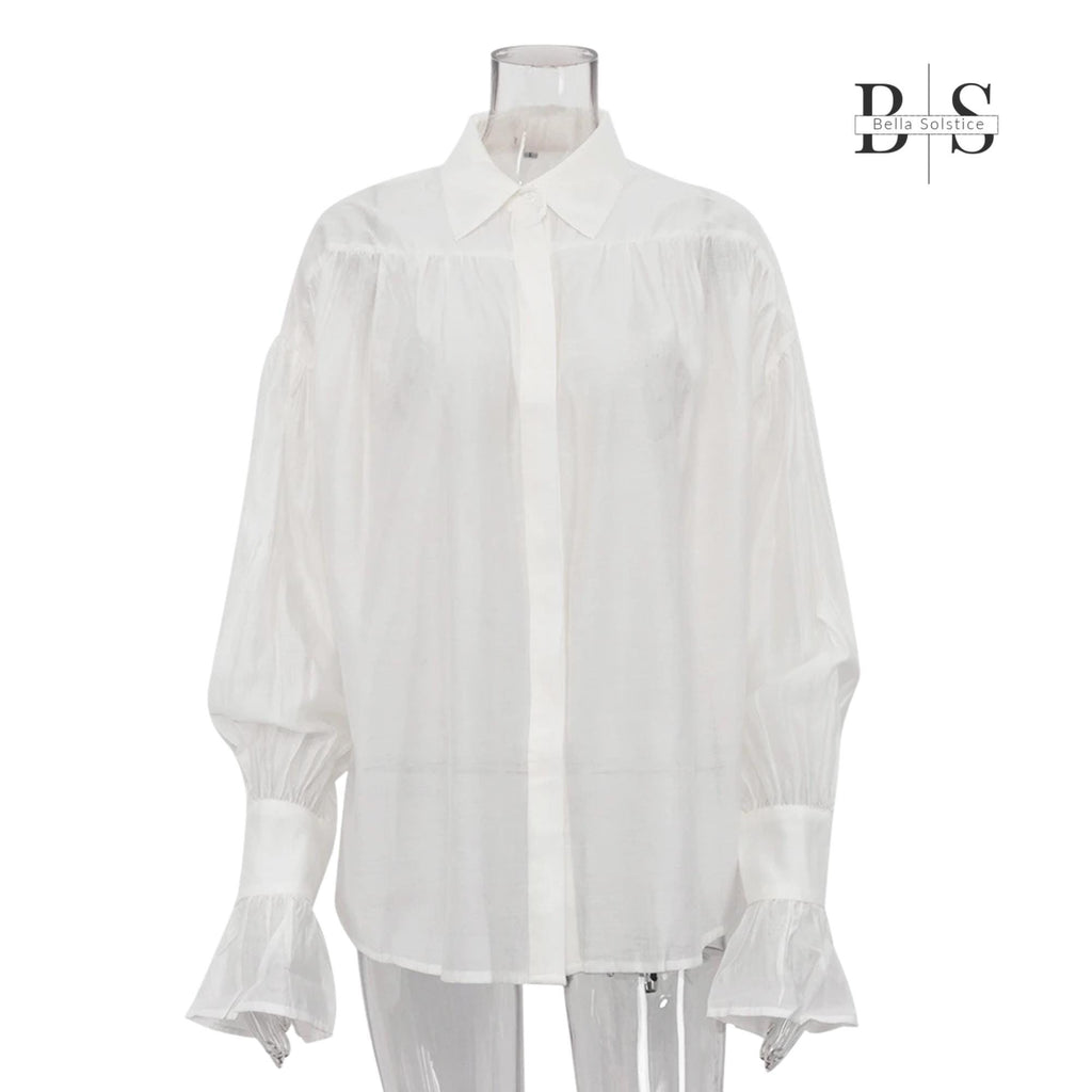 Women Long Lantern Sleeves Loose Collared Fashionable Solid Blouse For Office Wear