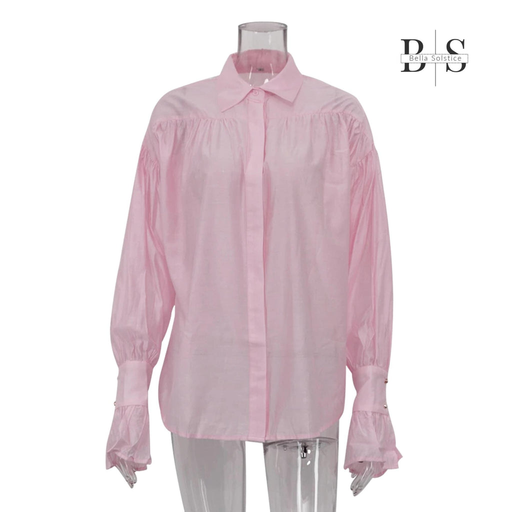 Women Long Lantern Sleeves Loose Collared Fashionable Solid Blouse For Office Wear