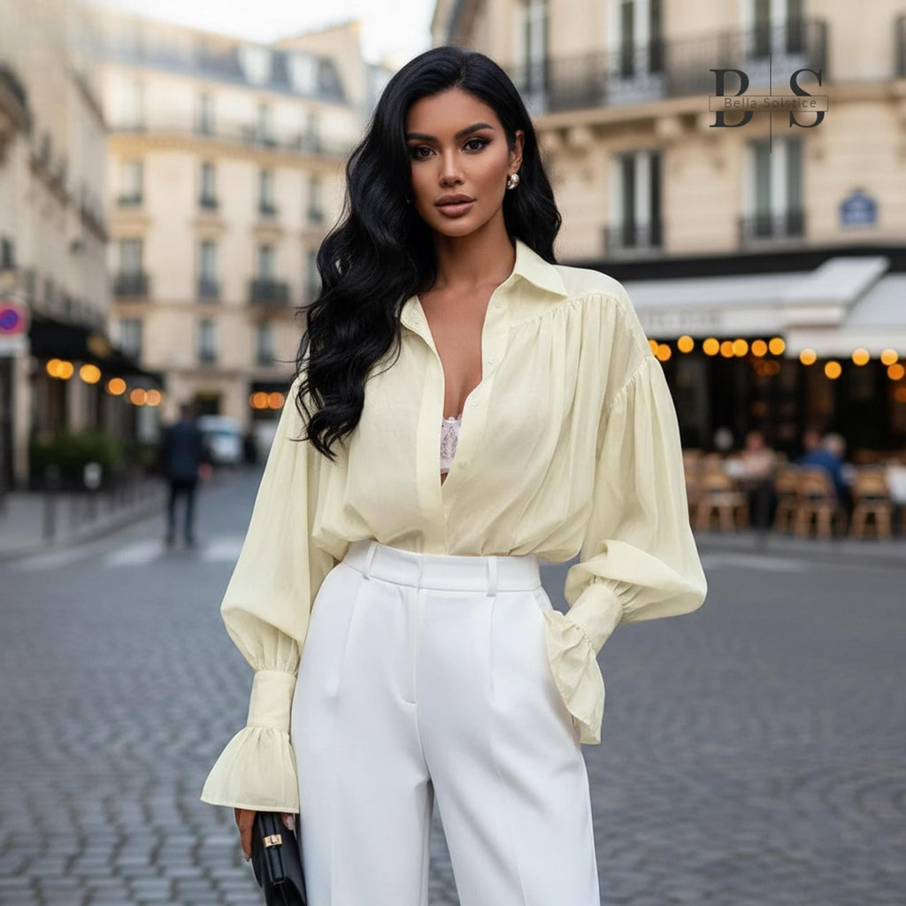Women Long Lantern Sleeves Loose Collared Fashionable Solid Blouse For Office Wear