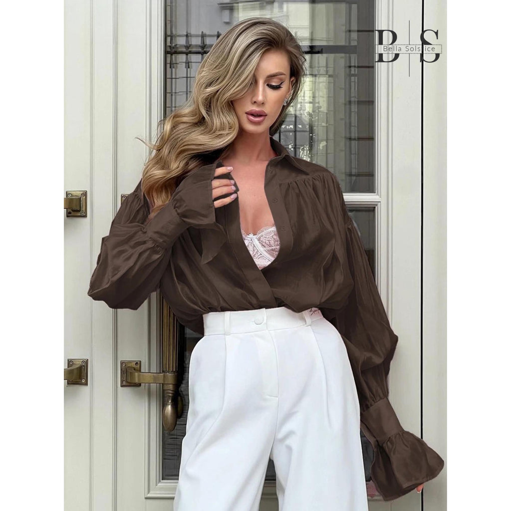 Women Long Lantern Sleeves Loose Collared Fashionable Solid Blouse For Office Wear