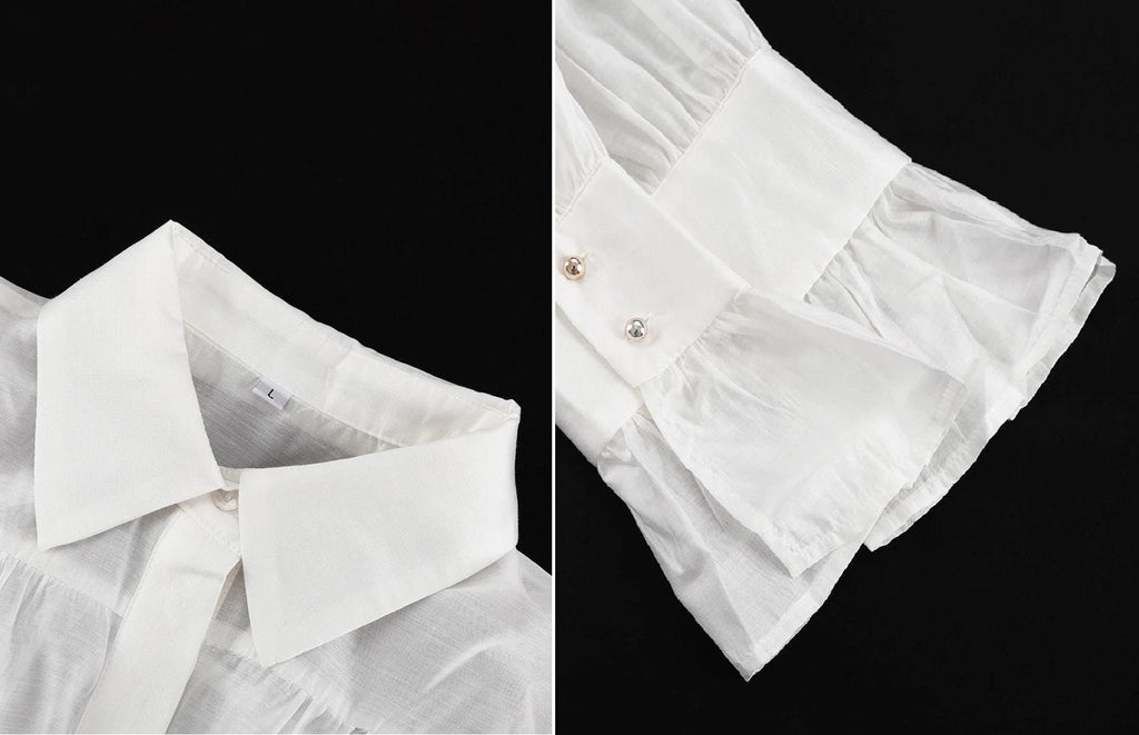 Women Long Lantern Sleeves Loose Collared Fashionable Solid Blouse For Office Wear