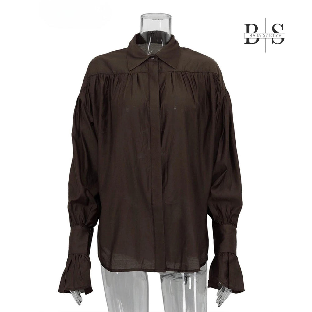 Women Long Lantern Sleeves Loose Collared Fashionable Solid Blouse For Office Wear