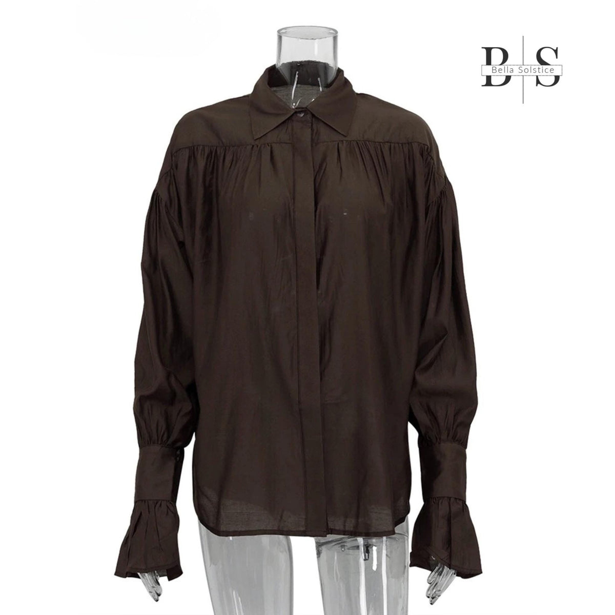 Women Long Lantern Sleeves Loose Collared Fashionable Solid Blouse For Office Wear