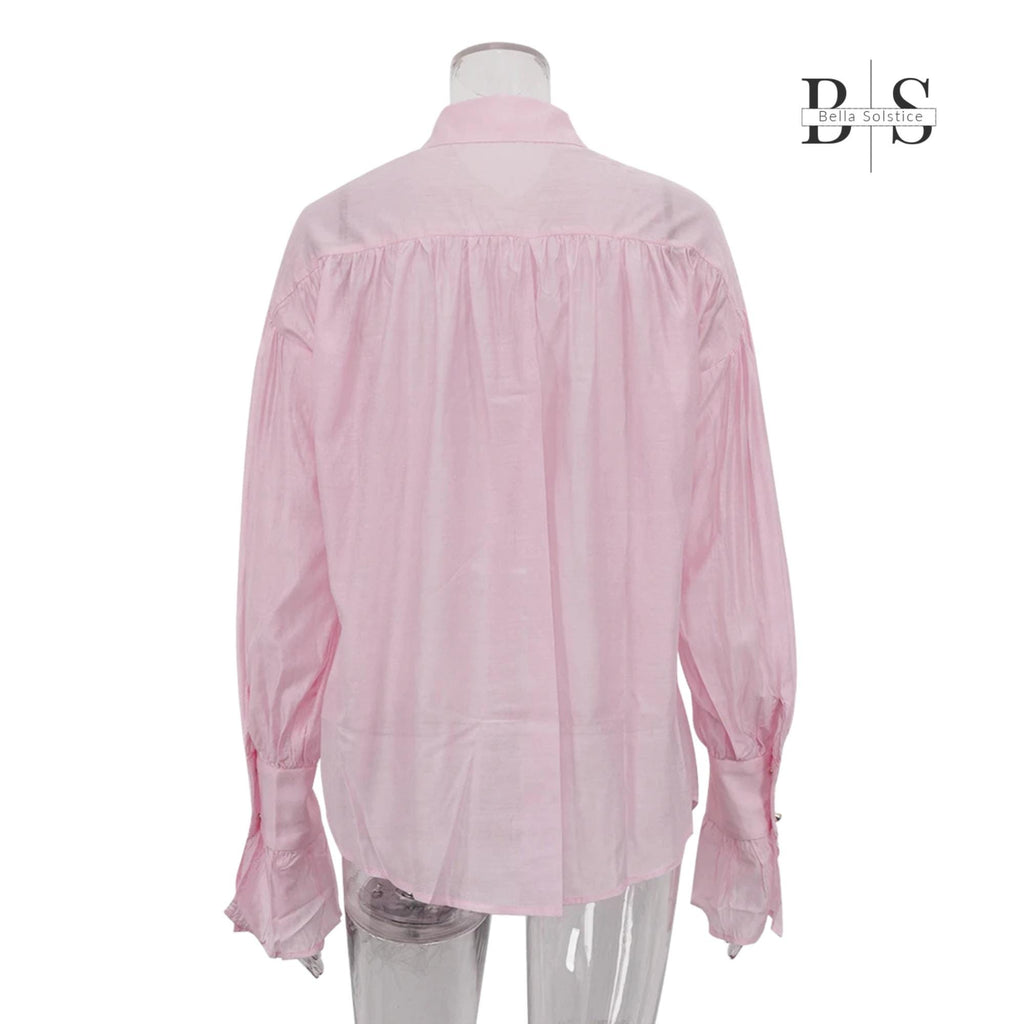 Women Long Lantern Sleeves Loose Collared Fashionable Solid Blouse For Office Wear