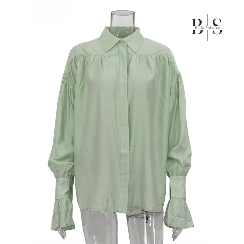 Women Long Lantern Sleeves Loose Collared Fashionable Solid Blouse For Office Wear