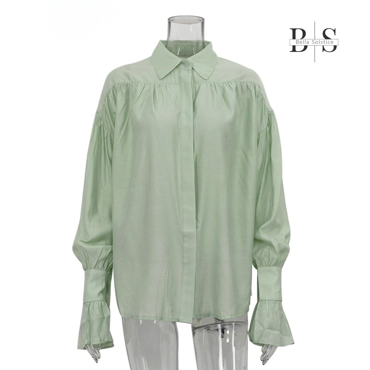 Women Long Lantern Sleeves Loose Collared Fashionable Solid Blouse For Office Wear