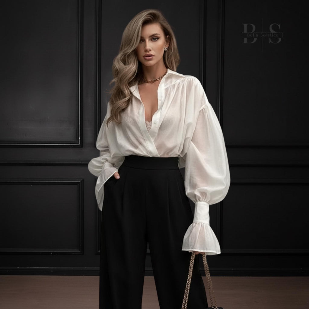 Women Long Lantern Sleeves Loose Collared Fashionable Solid Blouse For Office Wear