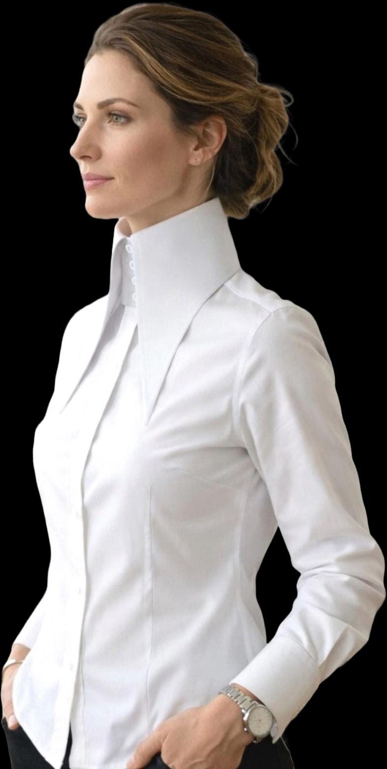 High 7.5 Inch Long Pointed Collar Shirt Women White Cotton Shirt 70's Large Collar Gangster Big Vintage Shirt Karl Lagerfeld Style Tall Neck