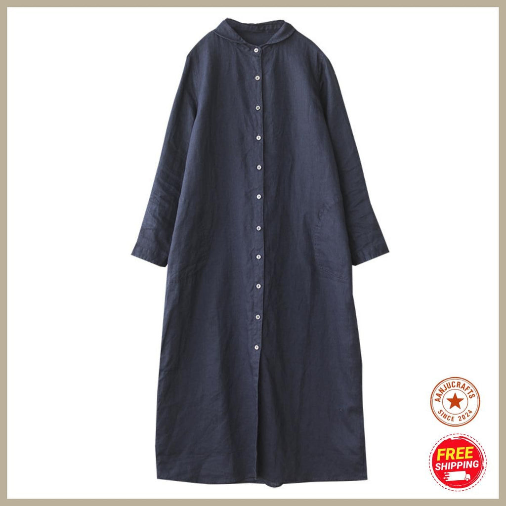 Linen Shirt Dress, Button-Down Loose Fit, Long Sleeve ,Summer Cotton Midi Dress