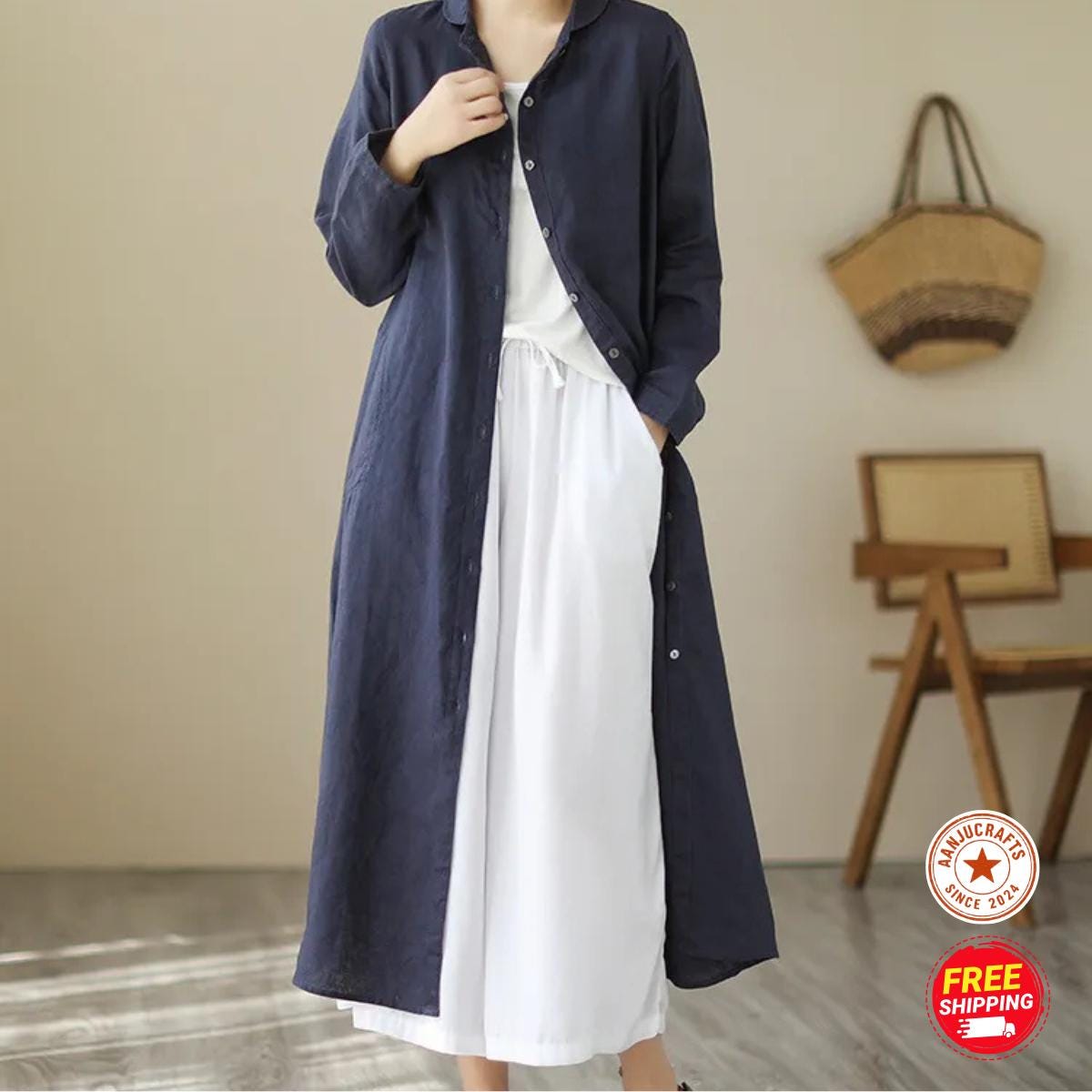Linen Shirt Dress, Button-Down Loose Fit, Long Sleeve ,Summer Cotton Midi Dress