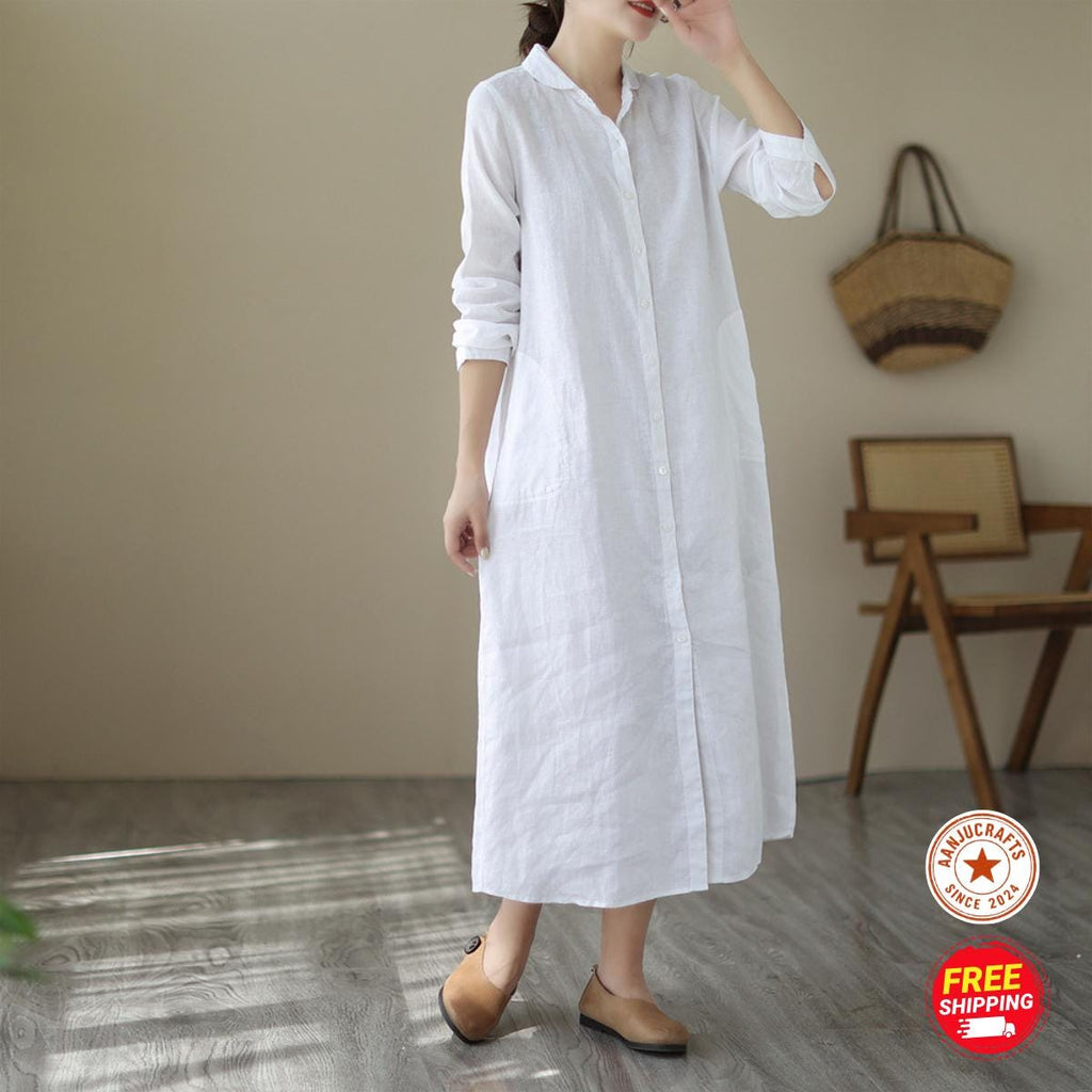 Linen Shirt Dress, Button-Down Loose Fit, Long Sleeve ,Summer Cotton Midi Dress