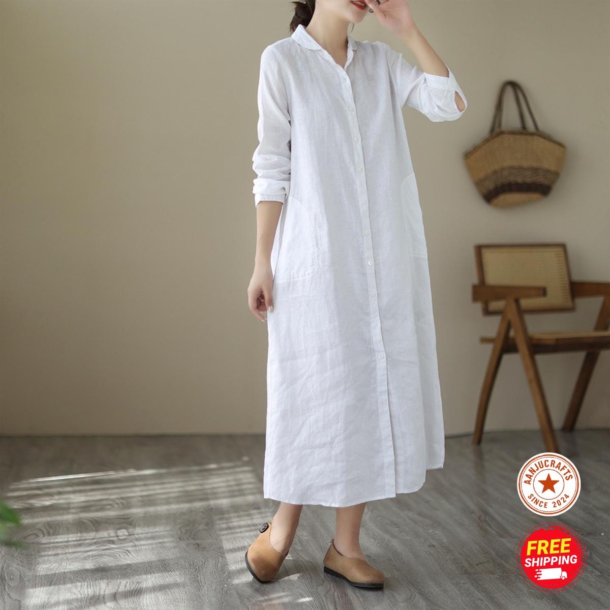 Linen Shirt Dress, Button-Down Loose Fit, Long Sleeve ,Summer Cotton Midi Dress