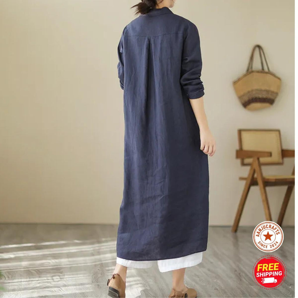 Linen Shirt Dress, Button-Down Loose Fit, Long Sleeve ,Summer Cotton Midi Dress