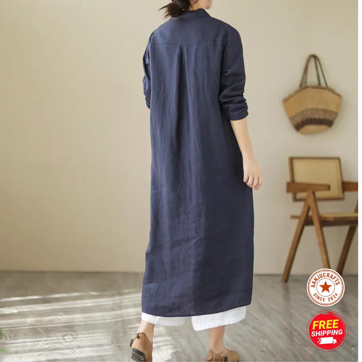 Linen Shirt Dress, Button-Down Loose Fit, Long Sleeve ,Summer Cotton Midi Dress
