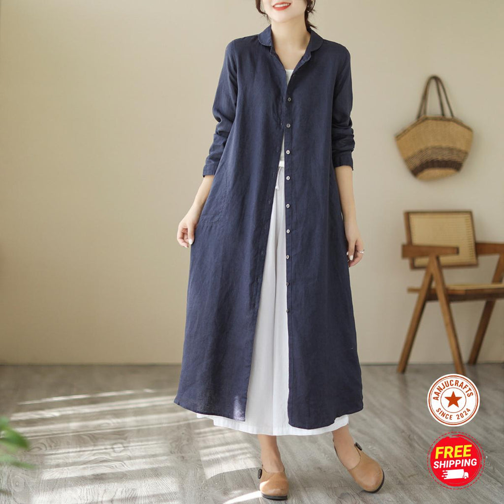 Linen Shirt Dress, Button-Down Loose Fit, Long Sleeve ,Summer Cotton Midi Dress