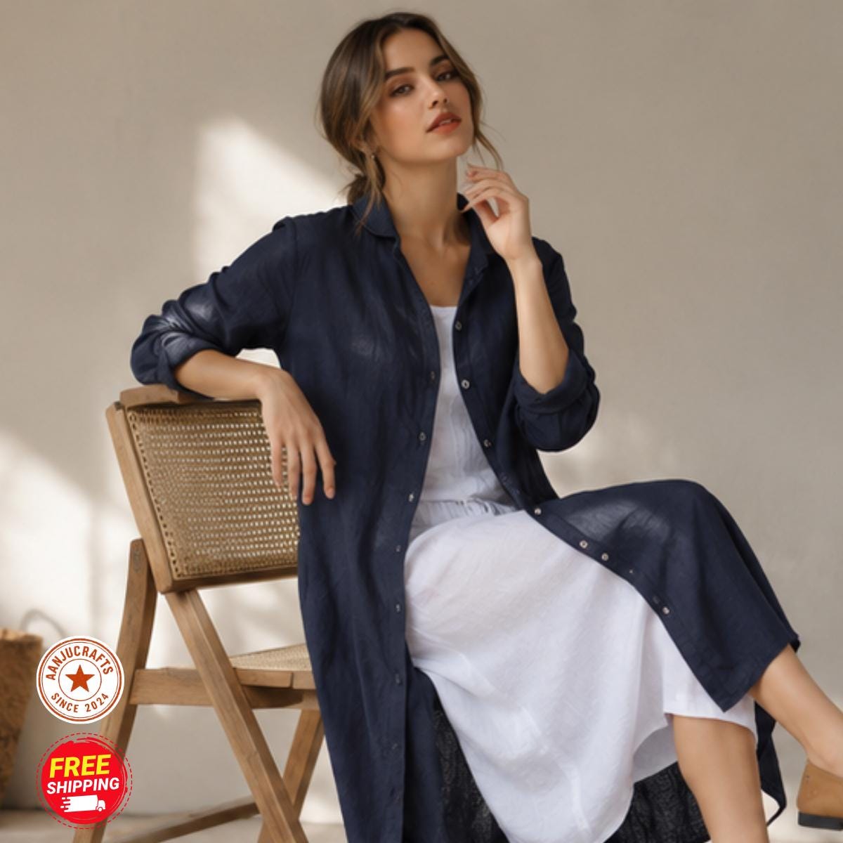 Linen Shirt Dress, Button-Down Loose Fit, Long Sleeve ,Summer Cotton Midi Dress