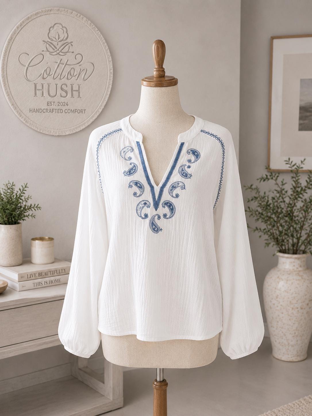 Embroidered Cotton V-Neck Blouse, Loose Fit Boho Ethnic Tunic Shirt