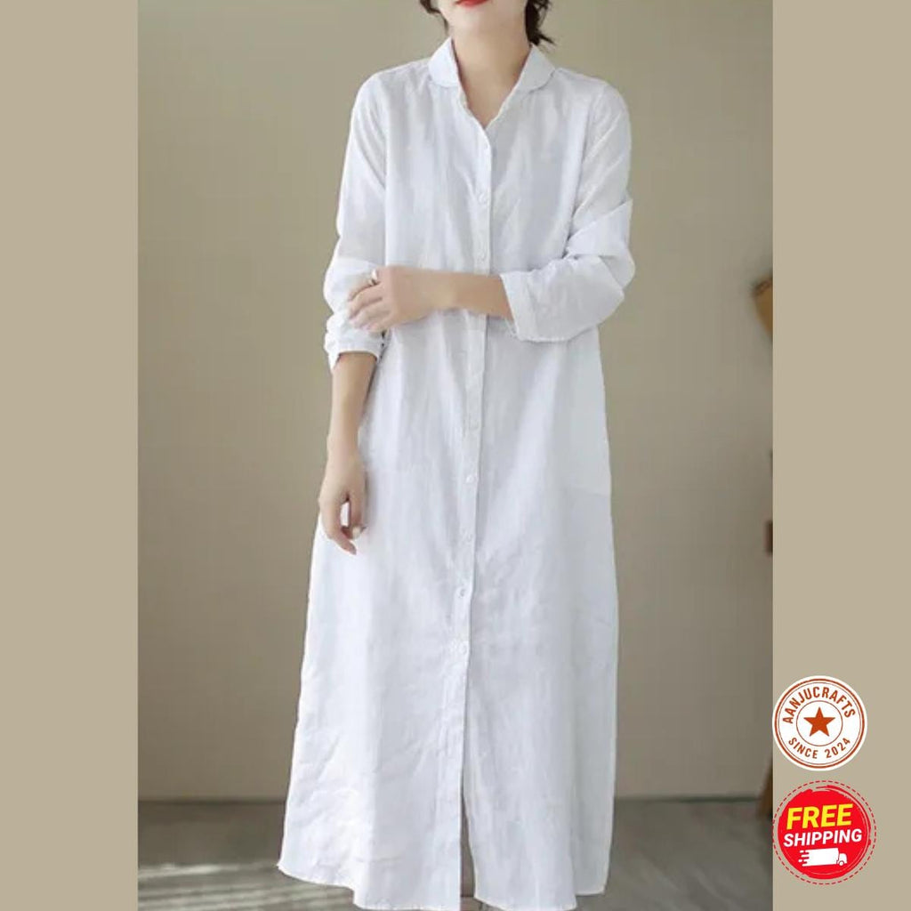 Linen Shirt Dress, Button-Down Loose Fit, Long Sleeve ,Summer Cotton Midi Dress