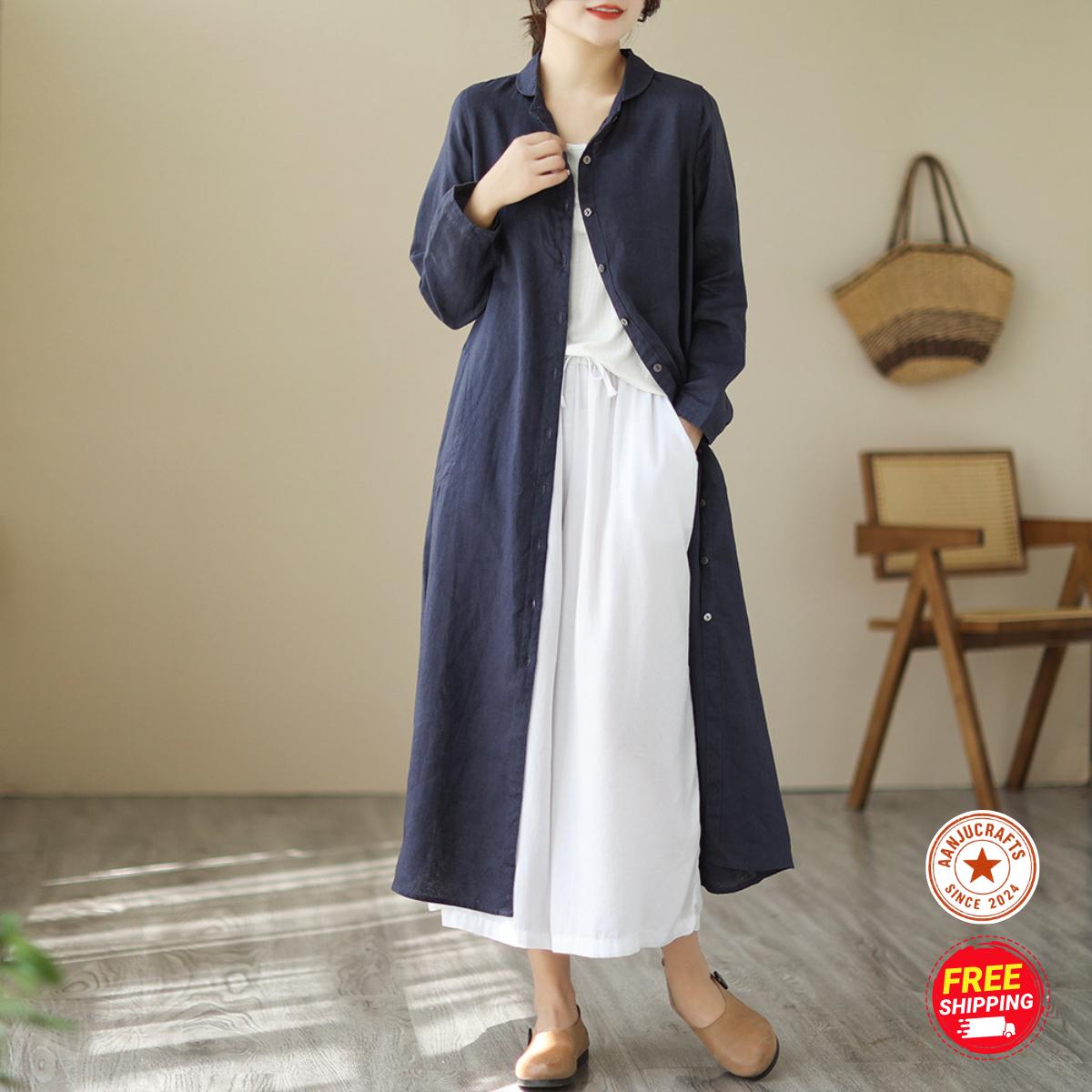 Linen Shirt Dress, Button-Down Loose Fit, Long Sleeve ,Summer Cotton Midi Dress
