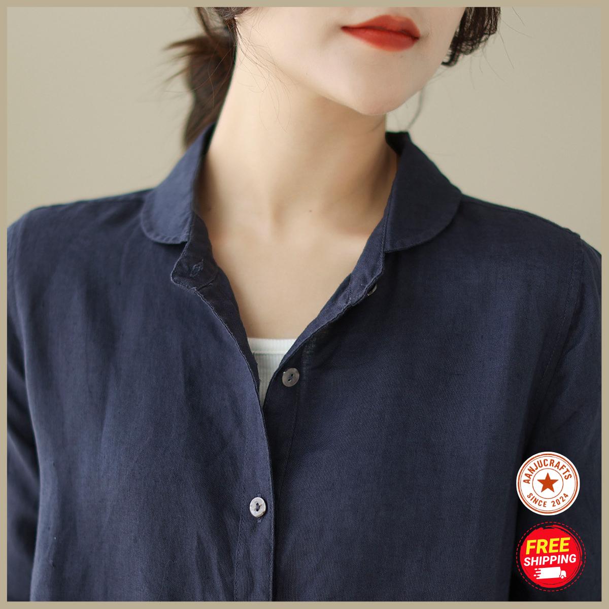 Linen Shirt Dress, Button-Down Loose Fit, Long Sleeve ,Summer Cotton Midi Dress