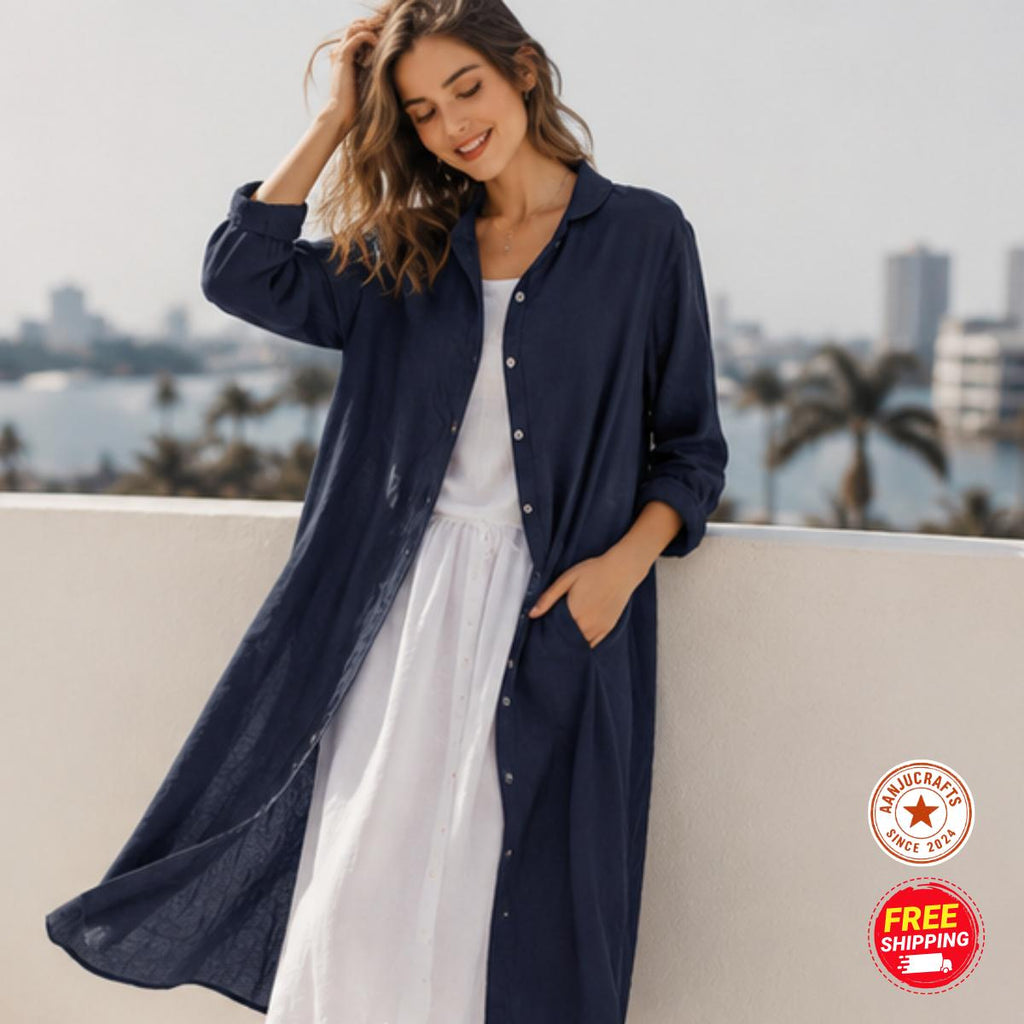 Linen Shirt Dress, Button-Down Loose Fit, Long Sleeve ,Summer Cotton Midi Dress