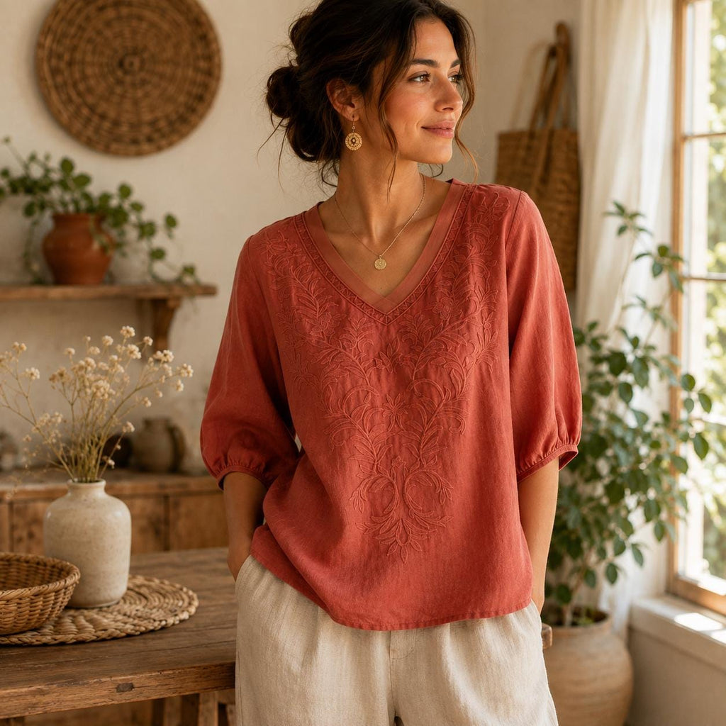 Women's V-Neck Embroidered Blouse with Loose Mid-Length Sleeves - Casual Pullover Top in Lightweight Rayon Blend Fabric