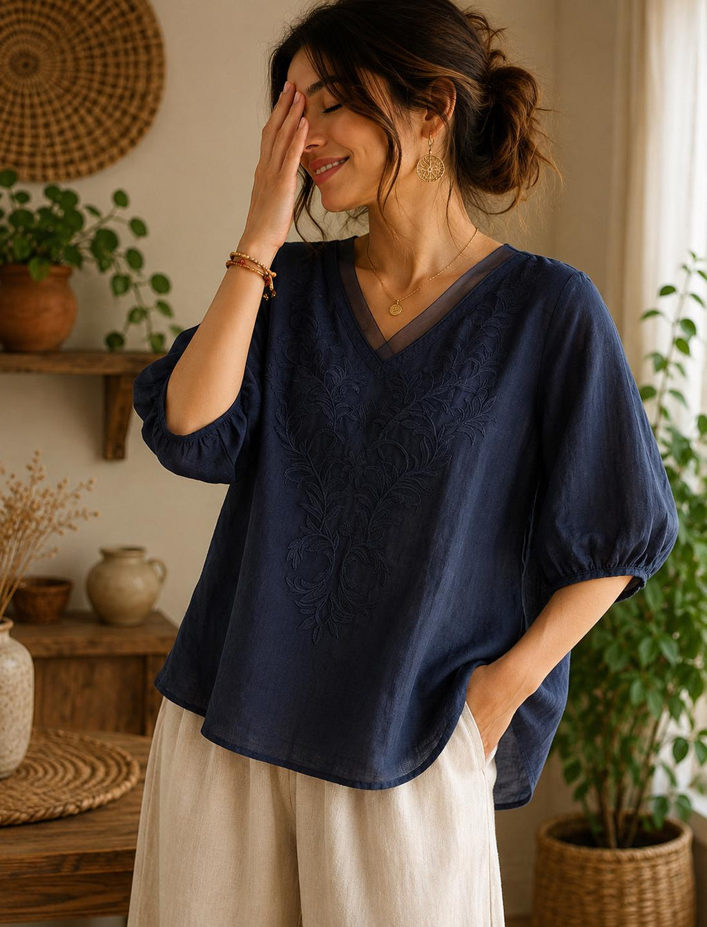 Women's V-Neck Embroidered Blouse with Loose Mid-Length Sleeves - Casual Pullover Top in Lightweight Rayon Blend Fabric