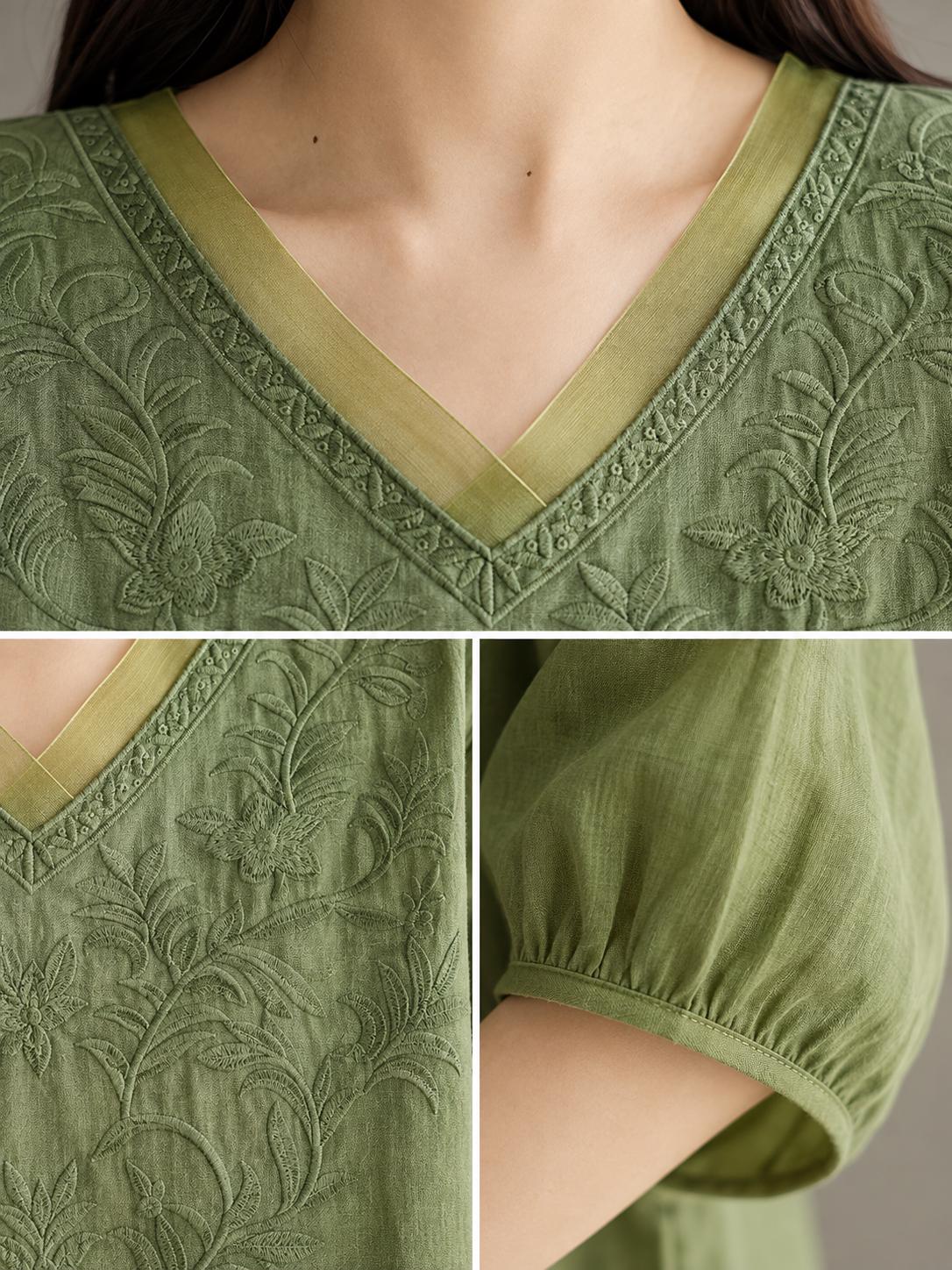 Women's V-Neck Embroidered Blouse with Loose Mid-Length Sleeves - Casual Pullover Top in Lightweight Rayon Blend Fabric