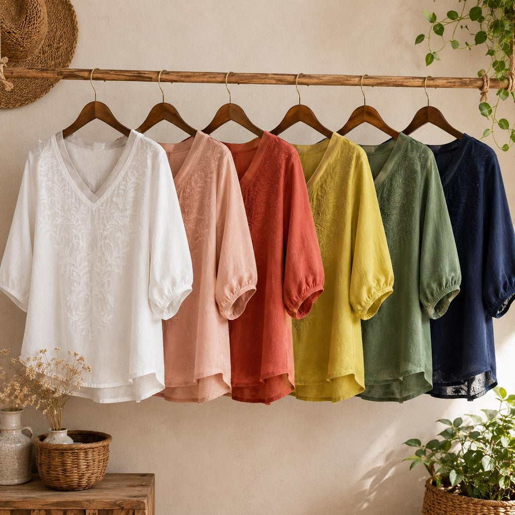 Women's V-Neck Embroidered Blouse with Loose Mid-Length Sleeves - Casual Pullover Top in Lightweight Rayon Blend Fabric