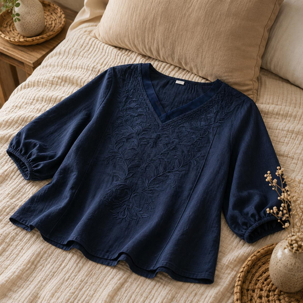 Women's V-Neck Embroidered Blouse with Loose Mid-Length Sleeves - Casual Pullover Top in Lightweight Rayon Blend Fabric