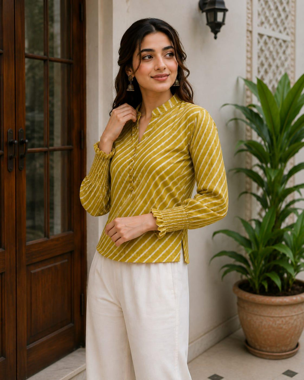 Mustard Yellow Striped Cotton Blouse, Long Sleeve Boho Tunic Top