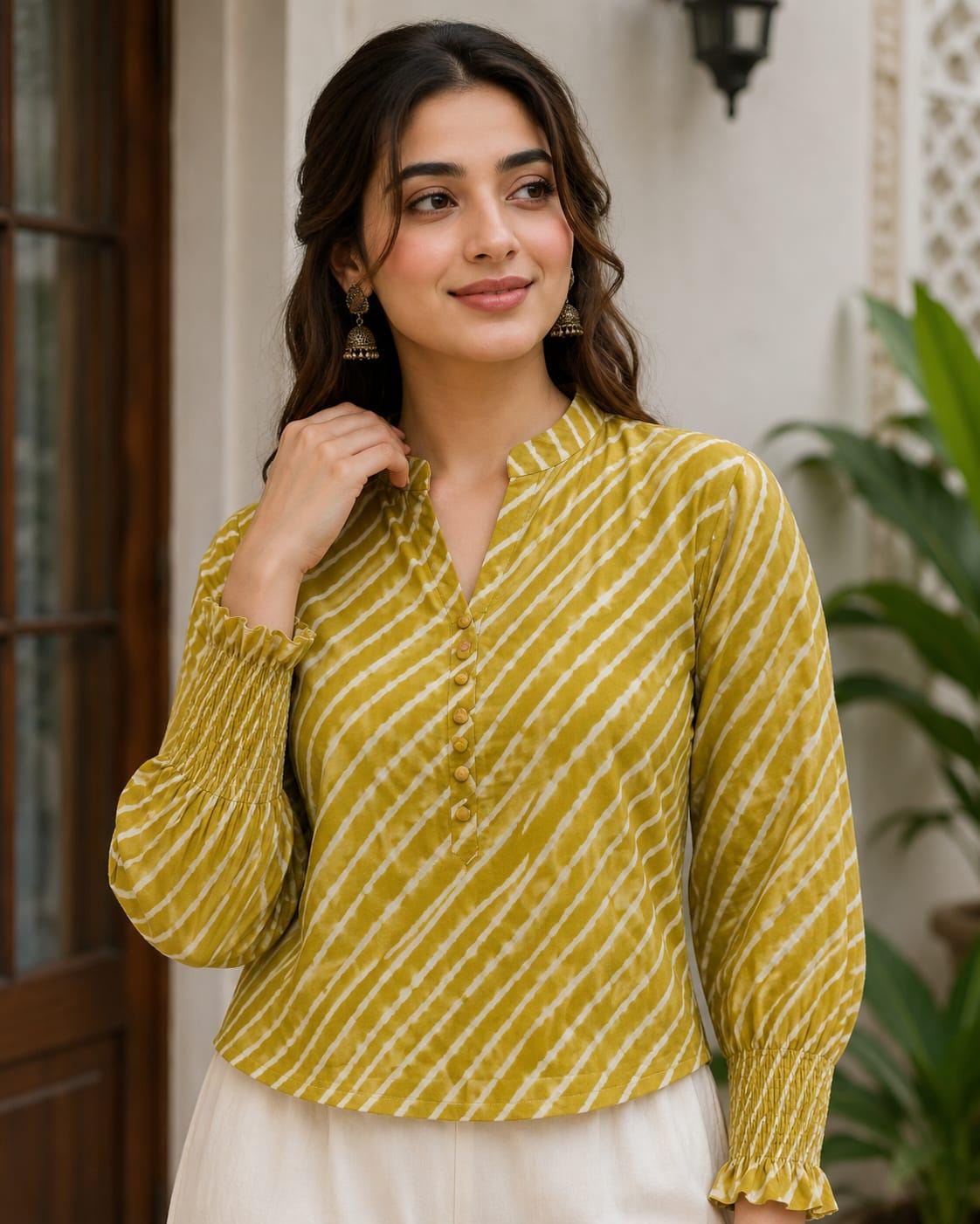 Mustard Yellow Striped Cotton Blouse, Long Sleeve Boho Tunic Top