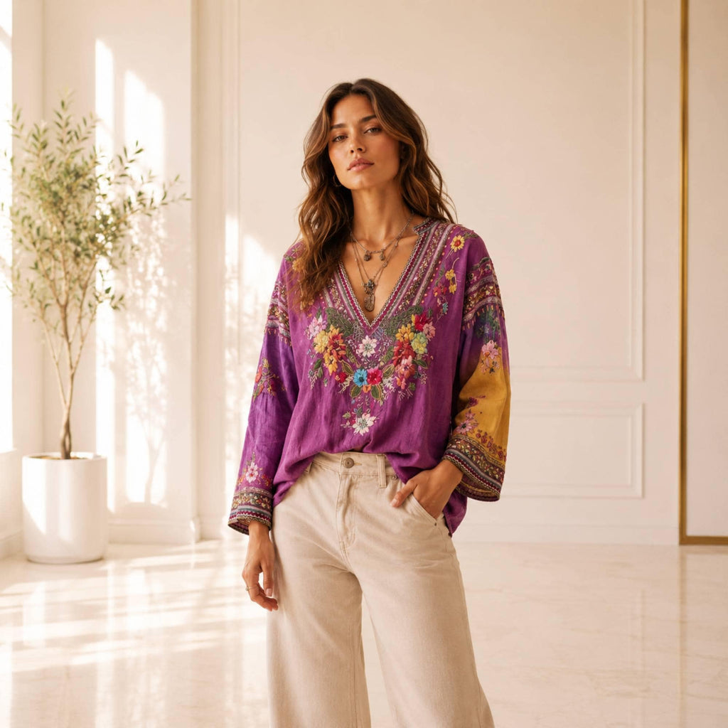 Elegant Flowy Floral Blouse, Boho V Neck Long Sleeve Women's Top