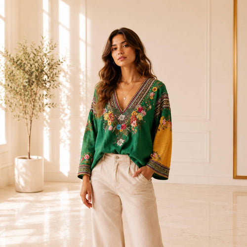 Elegant Flowy Floral Blouse, Boho V Neck Long Sleeve Women's Top