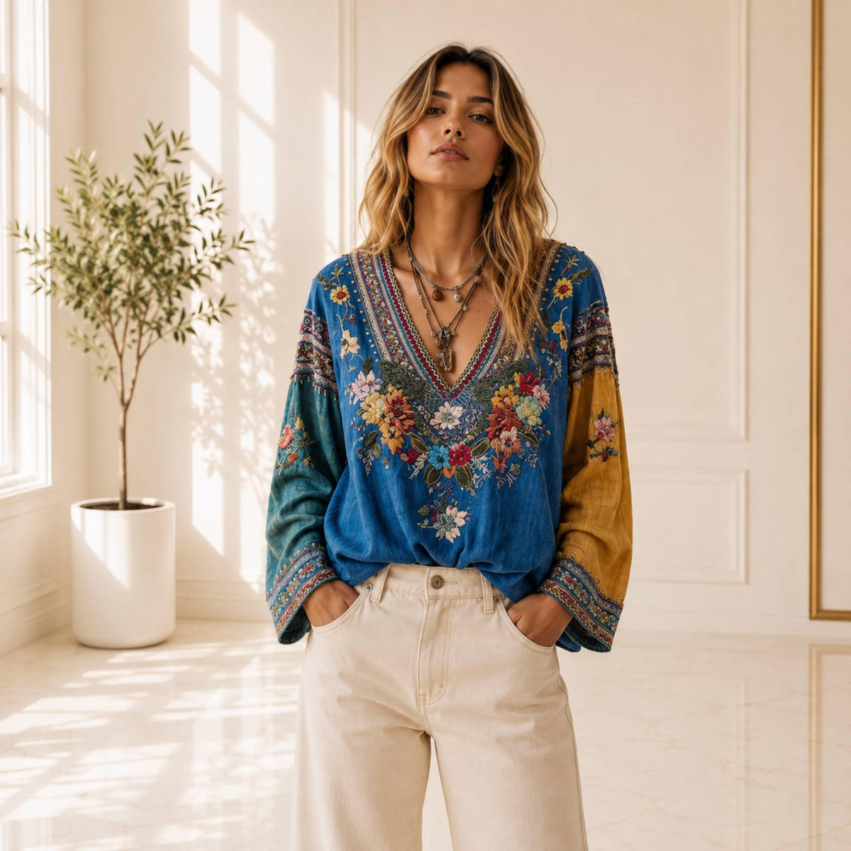 Elegant Flowy Floral Blouse, Boho V Neck Long Sleeve Women's Top