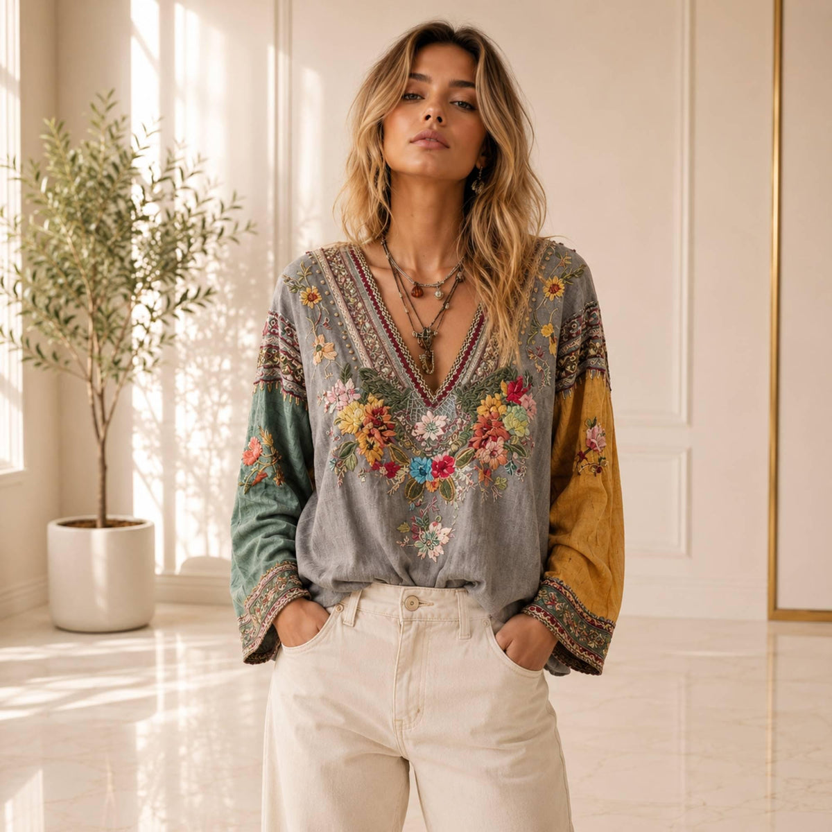 Elegant Flowy Floral Blouse, Boho V Neck Long Sleeve Women's Top