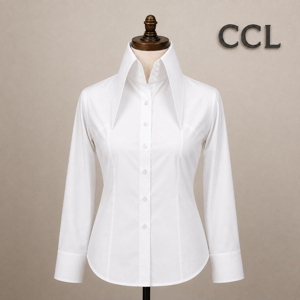 High 7.5 Inch Long Pointed Collar Shirt Women White Cotton Shirt 70's Large Collar Gangster Big Vintage Shirt Karl Lagerfeld Style Tall Neck