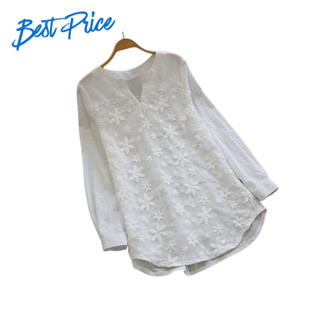 Women's Embroidered Lace Cotton Linen Blouse, Loose V-Neck Long Sleeve Plus Size Shirt