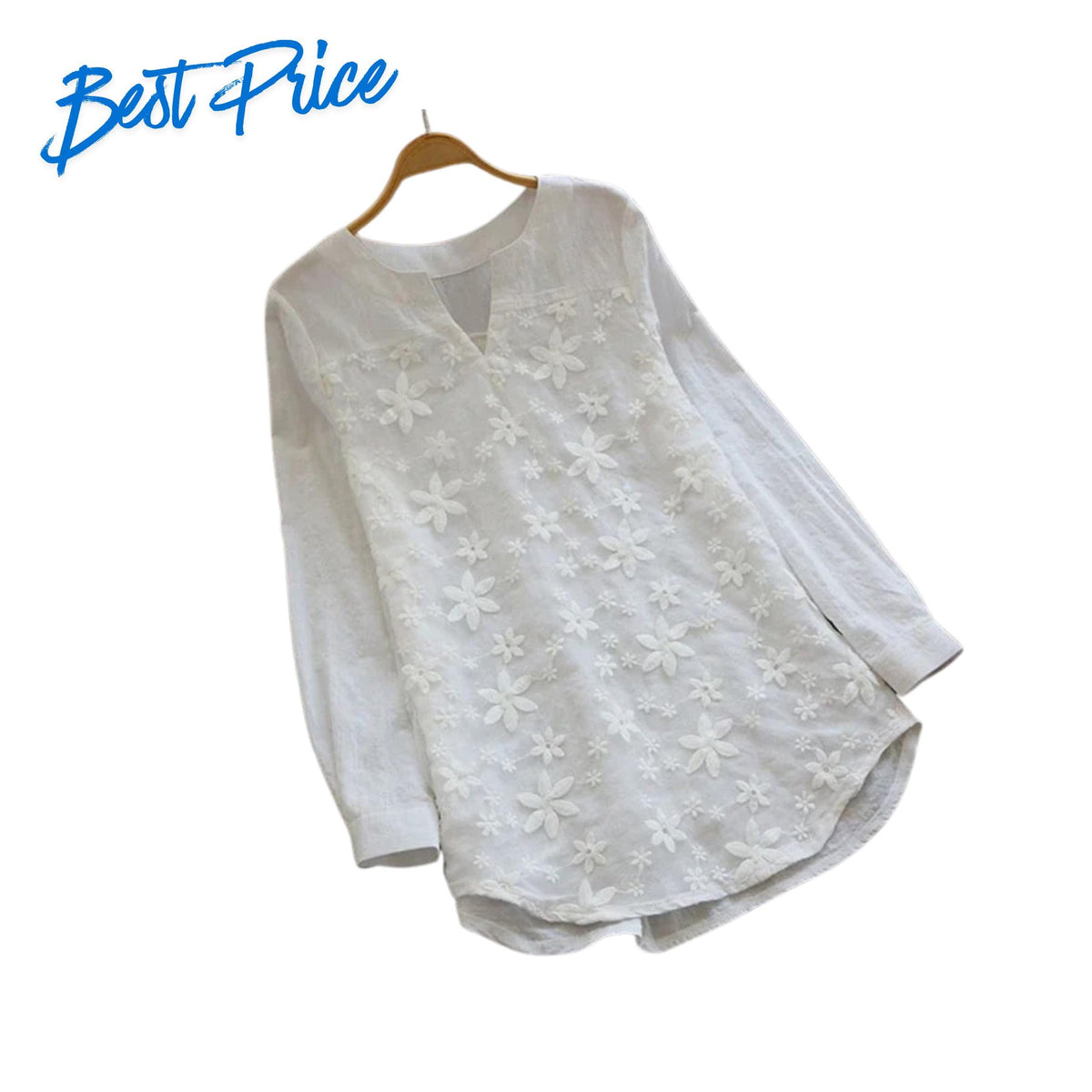 Women's Embroidered Lace Cotton Linen Blouse, Loose V-Neck Long Sleeve Plus Size Shirt