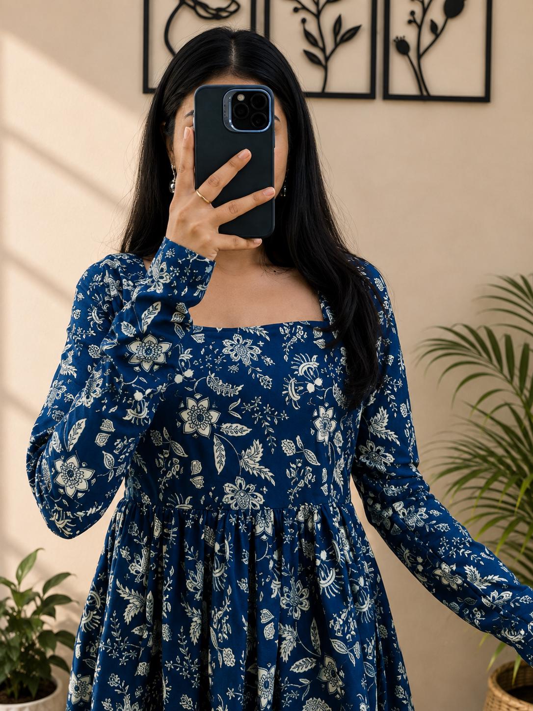 Cotton Nayra Cut Kurti for Women | Floral Printed Long Kurta | Full Sleeve Flared Kurti | Flared Ethnic Wear | Casual Outfit (Full Sleeve)