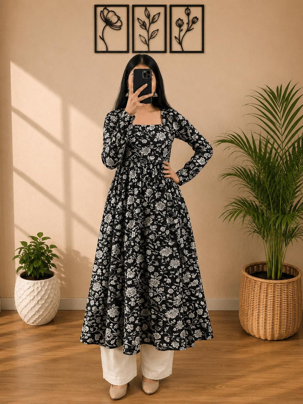 Cotton Nayra Cut Kurti for Women | Floral Printed Long Kurta | Full Sleeve Flared Kurti | Flared Ethnic Wear | Casual Outfit (Full Sleeve)