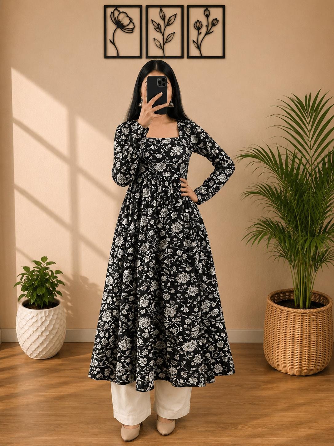 Cotton Nayra Cut Kurti for Women | Floral Printed Long Kurta | Full Sleeve Flared Kurti | Flared Ethnic Wear | Casual Outfit (Full Sleeve)
