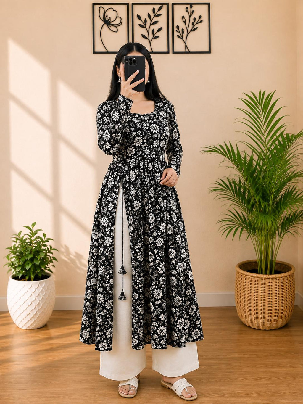 Cotton Nayra Cut Kurti for Women | Floral Printed Long Kurta | Full Sleeve Flared Kurti | Flared Ethnic Wear | Casual Outfit (Full Sleeve)