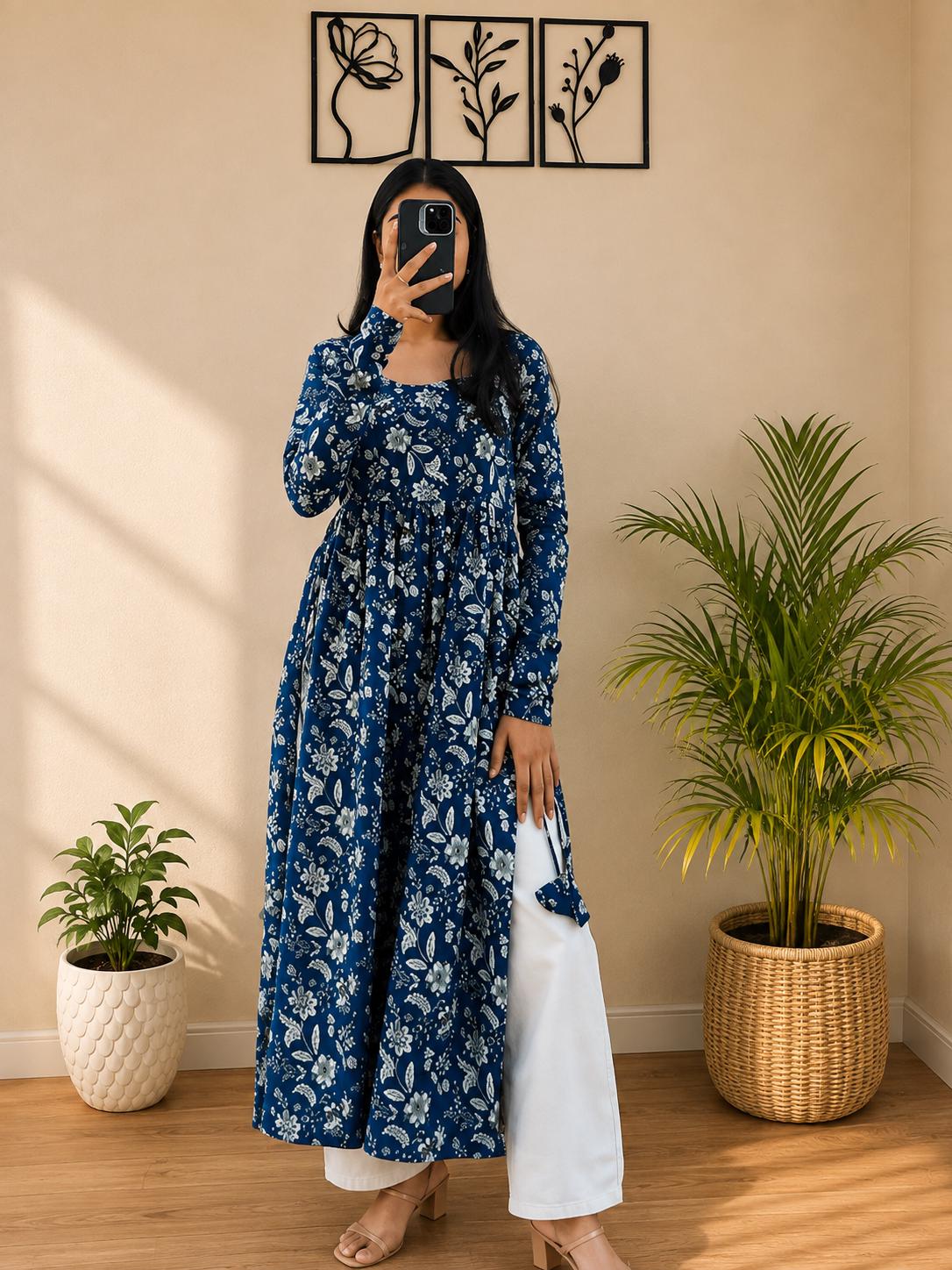 Cotton Nayra Cut Kurti for Women | Floral Printed Long Kurta | Full Sleeve Flared Kurti | Flared Ethnic Wear | Casual Outfit (Full Sleeve)