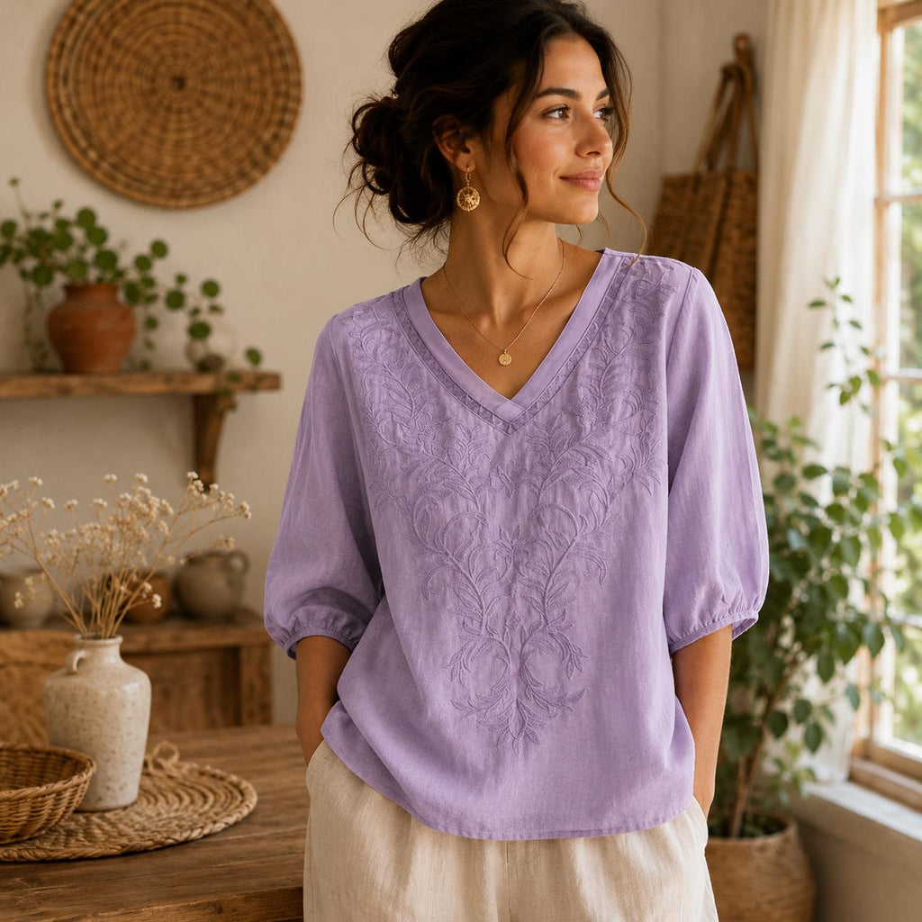 Women's V-Neck Embroidered Blouse with Loose Mid-Length Sleeves - Casual Pullover Top in Lightweight Rayon Blend Fabric