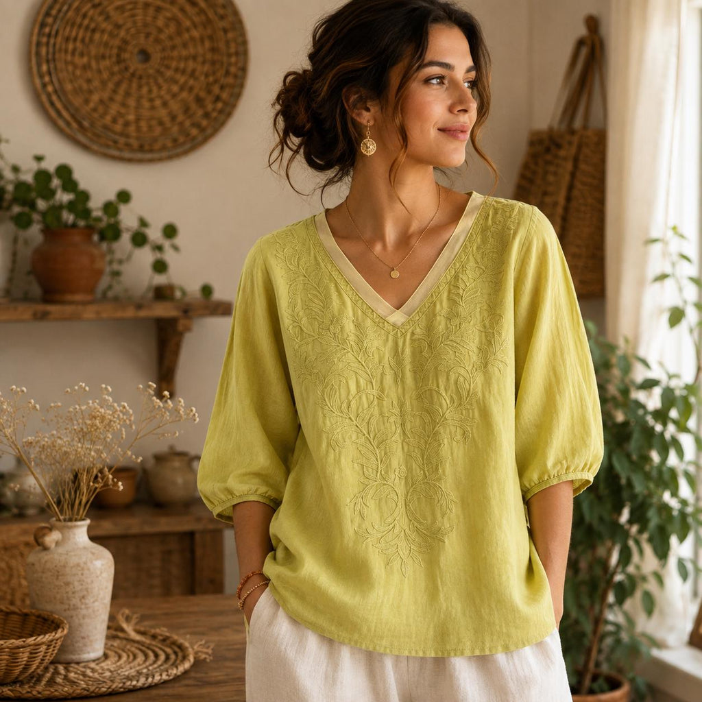 Women's V-Neck Embroidered Blouse with Loose Mid-Length Sleeves - Casual Pullover Top in Lightweight Rayon Blend Fabric