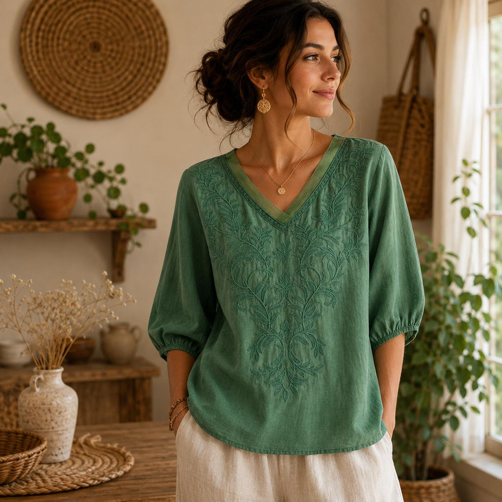 Women's V-Neck Embroidered Blouse with Loose Mid-Length Sleeves - Casual Pullover Top in Lightweight Rayon Blend Fabric
