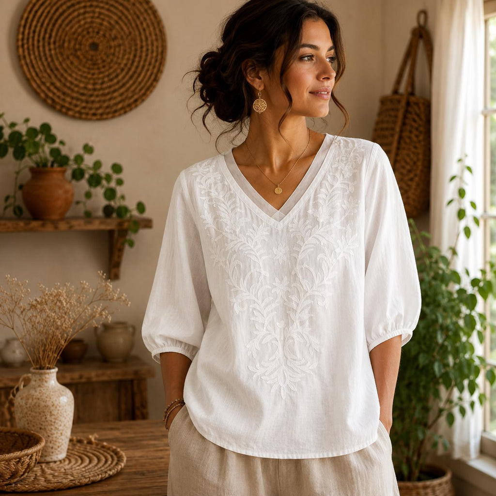 Women's V-Neck Embroidered Blouse with Loose Mid-Length Sleeves - Casual Pullover Top in Lightweight Rayon Blend Fabric